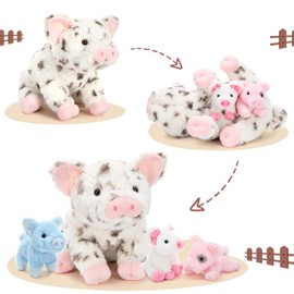 BENINY Pig Stuffed Animal Plush 5Pcs - Mommy Spotted 16" with 4 Little Piggy in Her Zippered Tummy - Cute Plushie Toy Gift for Girls and Kids