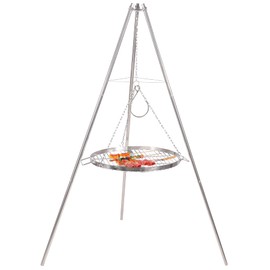 Lineslife Campfire Tripod Grill for Cooking, Durable Stainless Steel Camping Fire Tripod Grill with Round Grate and Carrying Bag for Outdoor BBQ, Silver