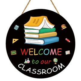 YUNKKIN Welcome Sign for Classroom Classroom Door Decorations Books Wall Decor Wooden Front Door Hanger Wreath for First Day of School Bulletin Board Teacher Supplies Indoor Decor
