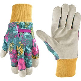 Wells Lamont Women's Botanical Print Leather Palm Work and Gardening Gloves, Medium (4182M)