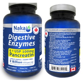 NAKA 75 caps Naka Platinum Digestive Enzymes, 6 X USP 100mg Pancreatin, 2 Billion CFU per cap, SHELF STABLE/DAIRY FREE, Made in Canada