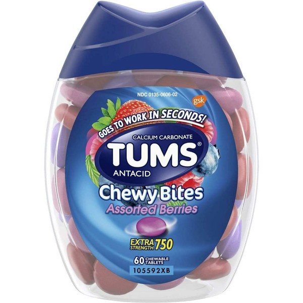 Tums Antacid Chewy Bites, Assorted Berries, 60 Chewable Tablets (Pack of 2)