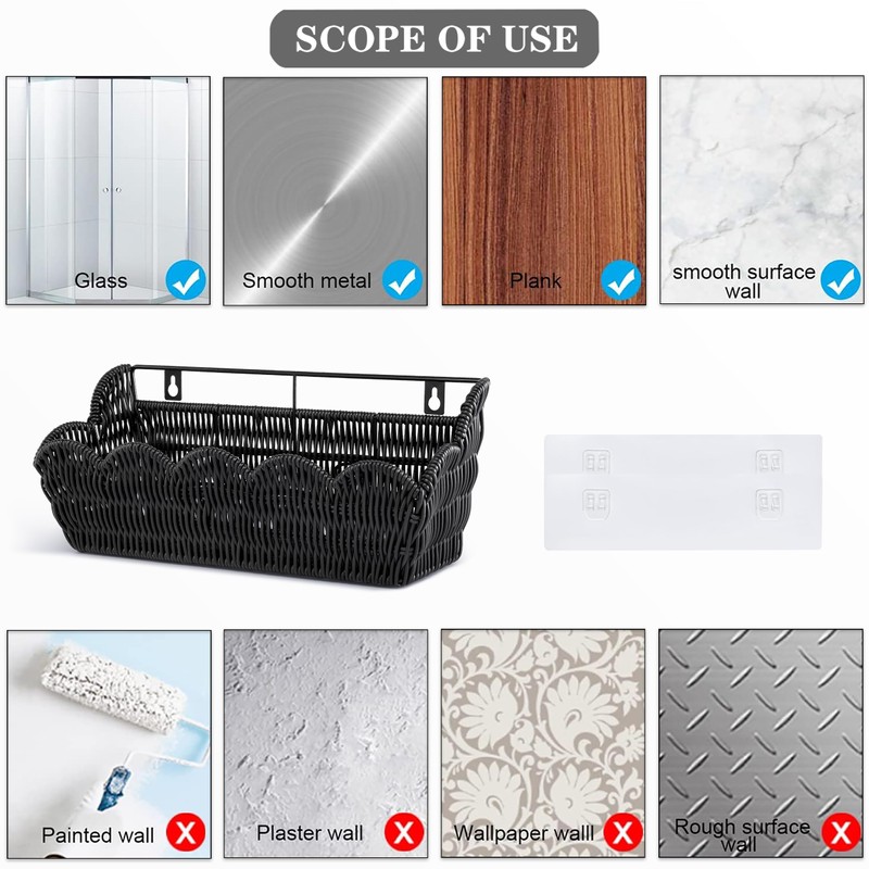 2 Pack Adhesive Plastic Wicker Hanging Storage Basket Scalloped Edge,Black