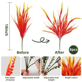 RECUTMS Fall Artificial Plants Outdoor Pack of 8 Faux Plastic Plants Shrubs Large High Grass Greenery UV Resistant Fake Indoor Plant Eucalyptus Leaf Decor for Thanksgiving Home Farmhouse (Gold)