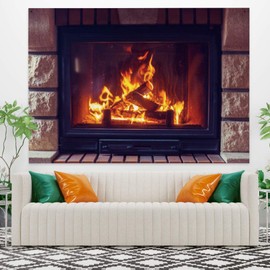 Haoyiyi 59.1x35.4 Inches Burning Fire Tapestry Christmas Fireplace Bright Brick Wall Hanging Vintage Merry Christmas Presents Elements Festival Celebrate Wall Tapestry for Living Room Decor