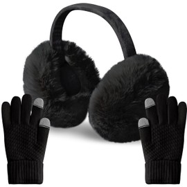 TirEurt Winter Earmuffs, Knitted Touchscreen Gloves Set, 2 Pieces, Winter Plush Ear Warmers, Knitted Gloves, Fluffy Earmuffs, Ear Muffs, Finger Gloves for Cold Weather, black