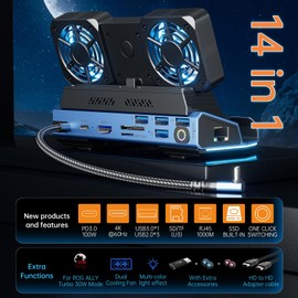 Detachable Dual Cooling Fans 16 in 1 Steam Deck Docking Station with 4K@60Hz 4 USB Ports,1000Mbps,SD/TF Slot,USB-C 100W PD,HDMI,M.2 NVMe Enclosure, 40Gbps Adapter for Steam Deck/Rog Ally/Legion Go