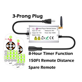 Outdoor Dimmer for String Lights 1500W, IP67 Waterproof/150FT Range/Timer Control/3 Prong Outlet for Outdoor LED String Lights & Incandescent Bulbs, Wireless RF Remote Plug-in Dimmer Switch