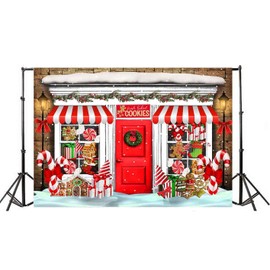 Haosphoto Christmas Shop Backdrop for Photography 7X5FT Bakeshop Backdrops Gingerbread House Candy Cane Snow Xmas Background for Kids Merry Christmas and Happy New Year Photo Studio Props Vinyl HS902