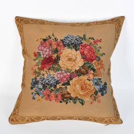 Jacquard Woven Floral Pillow Cover | Square Tapestry Vintage Rose Cushion Case for Sofa Couch Bed Decor | European Farmhouse Home Accent Throw Pillow Sham 18x18 Inch (Assorted Flowers on Tan)