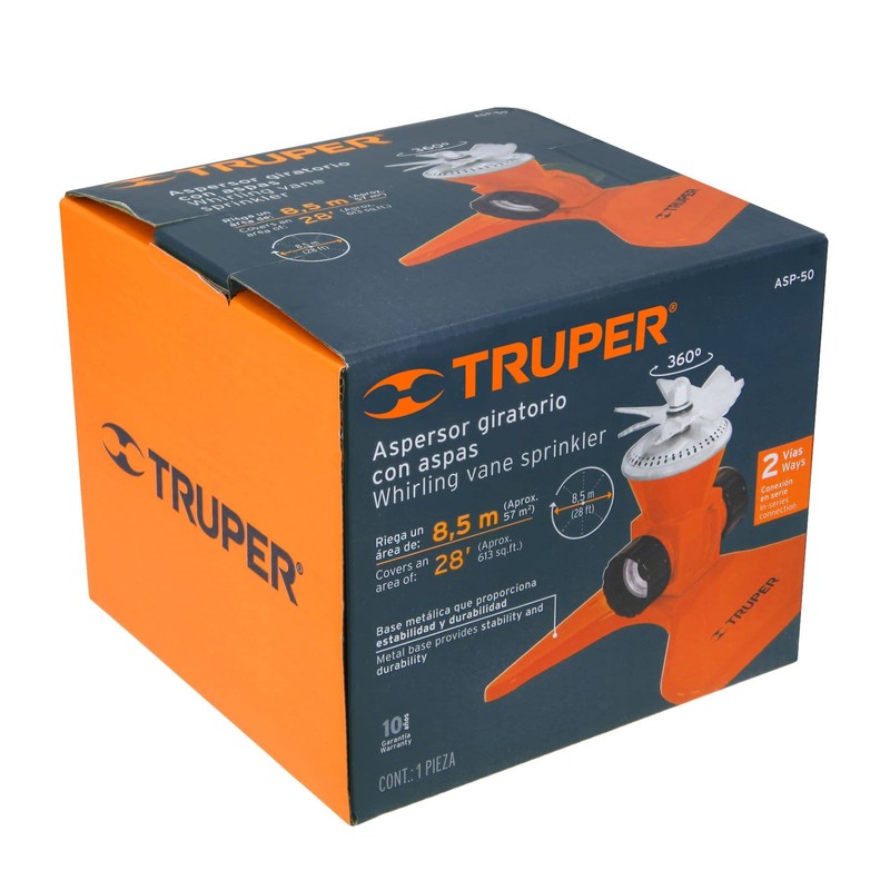 Truper ASP-50, Aspersor metálico, giratorio con aspas, diámetro riego 5