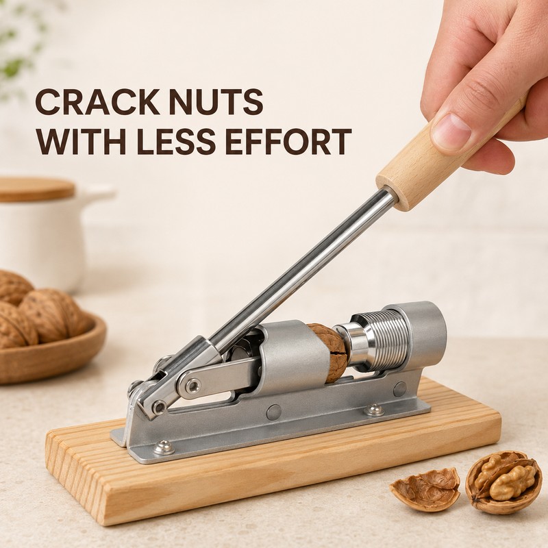Adjustable Lever Nutcracker with Wood Base for Pecans & Walnuts