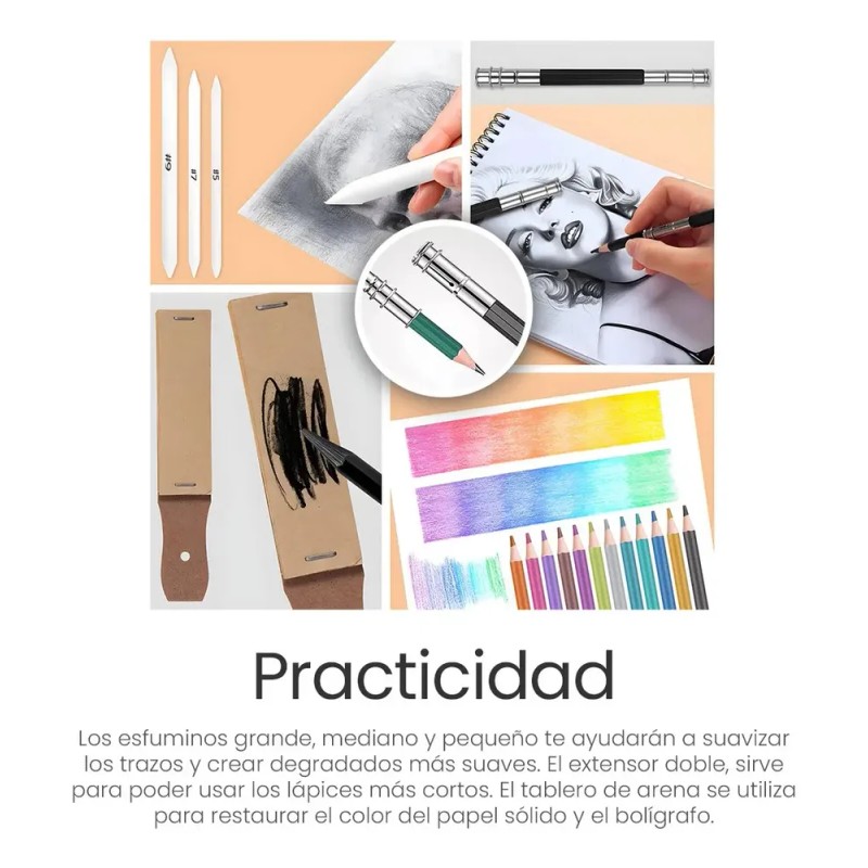 Kit De Dibujo Profesional Lápices Boceto Y Accesorios 72 Pzs