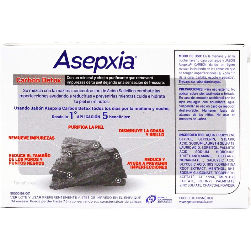 ASEPXIA Carbón Detox Jabón en Barra, Efecto purificante, remueve toxinas