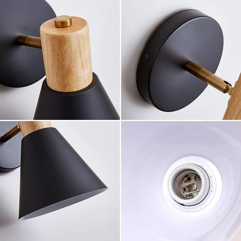 ClanKin Wall Sconces Lighting for Bedroom, Black Adjustable Wood Style