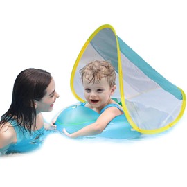 Free Swimming Baby Inflatable Baby Swim Float with Sun Canopy Size Improved Infant Pool Floaties Swimming Pool Toys for The Age of 3-72 Months(Blue, XL)
