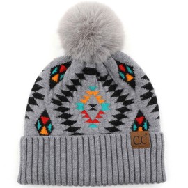 C.C Fur Pom Winter Fall Trendy Chunky Stretchy Cable Knit Beanie Hat (Aztec Lt. Gray)