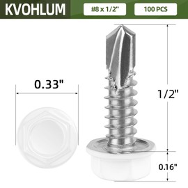 #8 x 1/2" (100 PCS) White Head Sheet Metal Screws, Hex Washer Head Self Drilling Screw, Flanged Hex Fast Self Tapping Screws, Carbon Steel, Full Thread, Hex Bit Socket Included