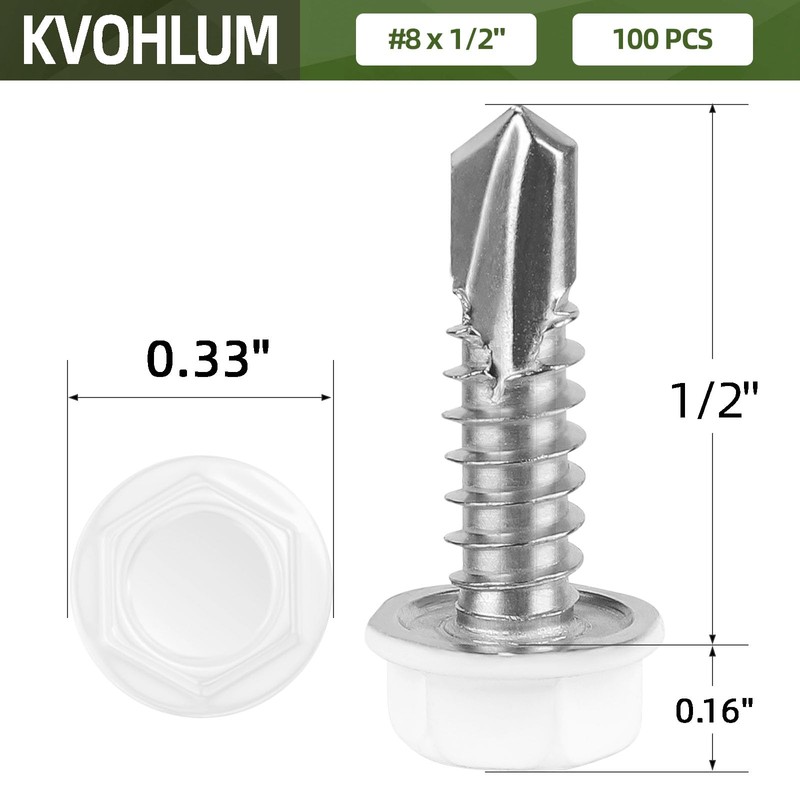 #8 x 1/2" (100 PCS) White Head Sheet Metal Screws,
