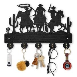 MAYJOYDIY Cowboy Horse Cactus Coat Hooks Wall Mount 30×20cm Desert Decorative Hooks Rack Wall Art Decor Black Wooden Western Cowboy Key Holder for Wall 5 Alloy Hooks for Kitchen Entryway Gifts