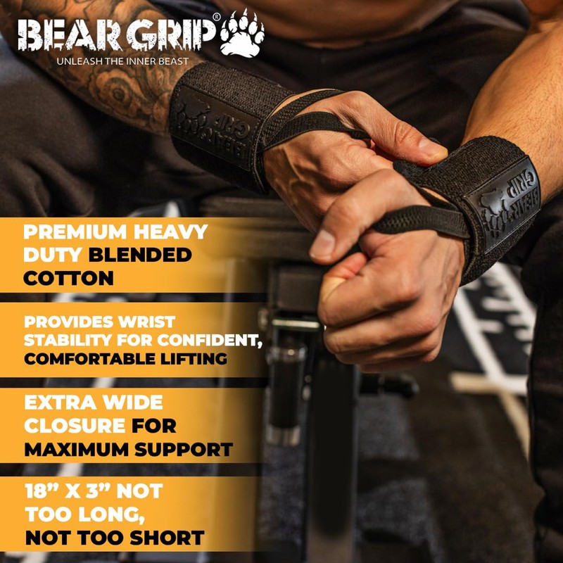 BEAR GRIP - Weight Lifting Wrist Support Straps (Black/Grey)