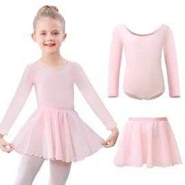 Kefiyis Ballet Leotard for Girls Long Sleeve Ballet Dress Cotton Dance Leotard with Skirt Ballerina Costume Outfit for 3-11 Years Pink 130