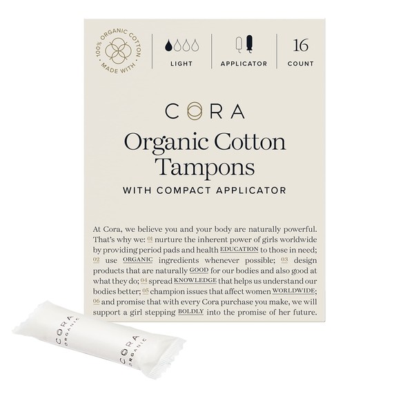 Cora Organic Applicator Tampons | Light Absorbency | 100% Cotton Core, Unscented, BPA-Free Compact Applicator | Leak Protection, Easy Insertion, Non-Toxic | Packaging May Vary (16 Count)