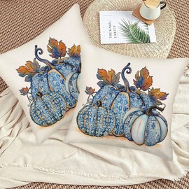 Easternproject Vintage Fall Pumpkin Pillow Covers 16x16 Inch Set of 2 Blue and White Porcelain Color Pillow Cases Autumn Maple Leaf Thanksgiving Harvest Outdoor Decorations Cushion Cover Couch