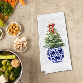 Cilrii Chinoiserie Porcelain Kitchen Towels,Chinoiserie Christmas Red Bows Hand Towels,Chinoiserie Porcelain Dish Towels,Chinoiserie Tea Towels,Chinoiserie for Women 16 X 24