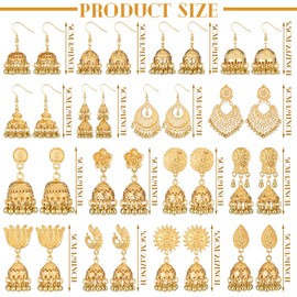 Nosiny 16pairs Jhumkas Indian Earrings for Women Jhumka Hoop Dangle Earrings Set Indian Jewelry for Women(Gold)