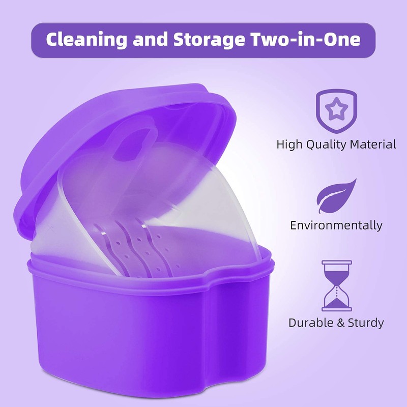Denture Soaking Cup Dental Retainer Case Cleaning with Strainer Basket,