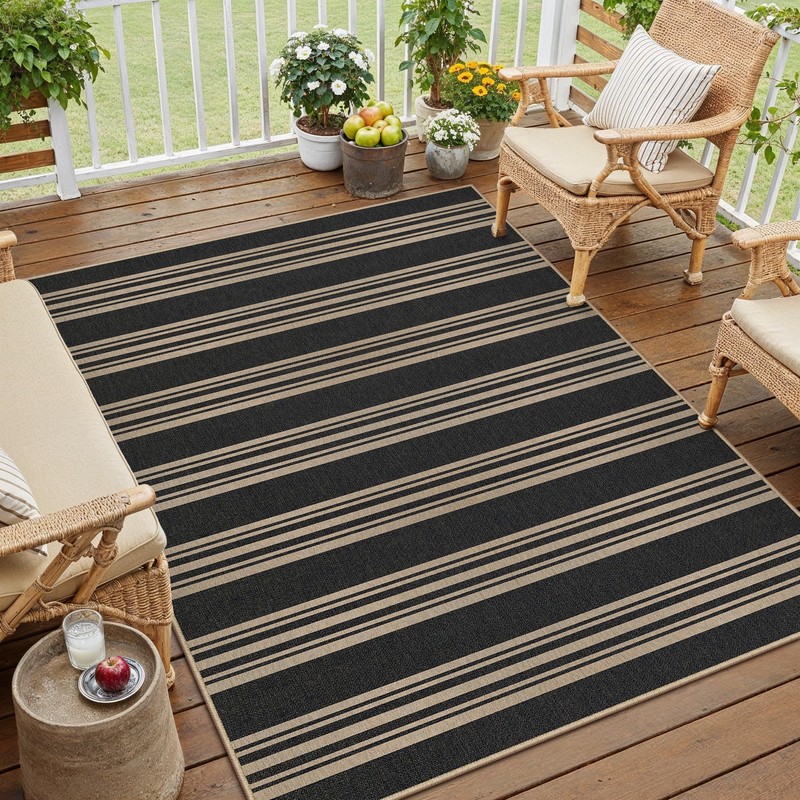 PureCozy Outdoor Rug 3x5 Washable Striped Jute Look Non Slip