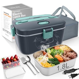 COZYEXPERT Electric-Lunch-Box-Heated-Food-Warmer 100W Heating Lunchbox for Adults 1.8L Portable Food Heater for Work/Car, 12V/24V/110-230V Lonchera Eléctrica Portátil with Fork Spoon (Gray+Green)