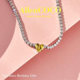 AllenCOCO Sterling Silver Tennis Bracelet for Women, 14K White Gold Plated Hypoallergenic AAAAA+ Cubic Zirconia Tennis Bracelet Heart Citrine Charm Bracelet for Women November Birthstone Bracelet