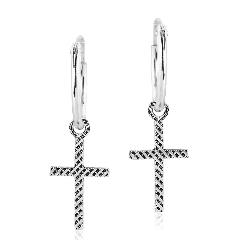 AeraVida Grid Pattern Cross Dangling Sterling Silver Hoop Earrings |