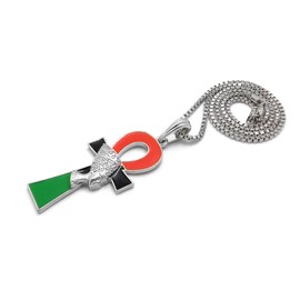 iJewelry2 Egyptian Afro-Flag Colored ANKH Cross with Queen Nefertiti Motif Silver Tone Box Chain Pendant Necklace 24''