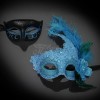 Couple's Masquerade Masks | Feather Masquerade Masks Black/Teal Blue