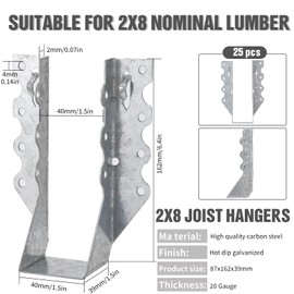 2x8 Joist Hanger,20 Gauge Double Shear Face Mount Joist Hanger,Hurricane Ties for Rafters Tie Brackets Great for Floor Deck and Ceiling Joists (2*8 Joist Hanger 25pcs)