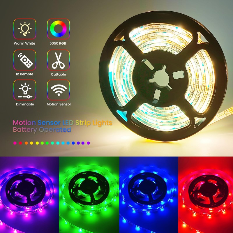 3.3FT Motion Sensor LED Strip Lights with Remote/4Mode, RGB &