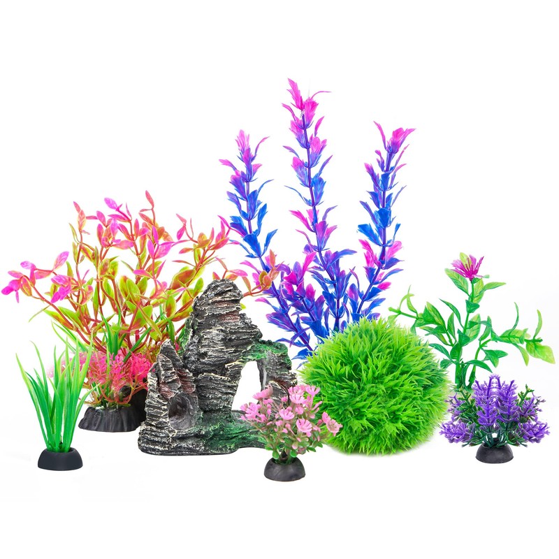 Ameliade Aquarium Artificial Plastic Plants Decorations and Rock Cave Decor