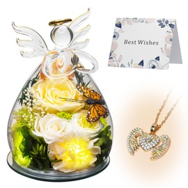 Preserved Flowers in Angel Glass dome - Fresh Enternal Flowers with Angel Necklace for Delivery Prime - Glass Rose Flowers with Butterfly LED Light Mothers Day Birthday Gift for Women Mom (Orange)