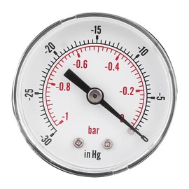 1/8 BSPT Vacuum Gauge，-1-0Bar, -30-0inHg Air Vacuum Water Vacuum Gauge，Suitable for Air, Water, Oil, Gas, and Other Non-Corrosive Media