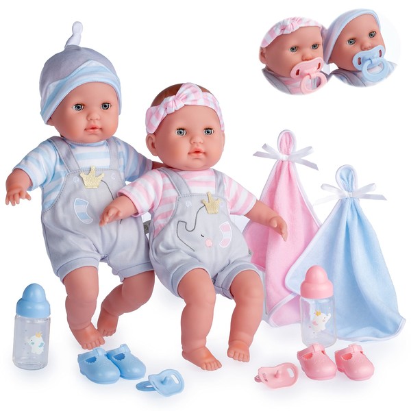 Berenguer Boutique 30050 TWINS- 15” Soft Body Baby Dolls - 12 Piece Gift Set with Open/Close Eyes- Perfect for Children 2+