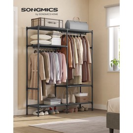 SONGMICS Heavy Duty Clothes Rack, 65 Inch Freestanding Portable Wardrobe with Hanging Rails and Shelves, Total Load 242 lb, Easy Assembly, for Cloakroom, Bedroom, Black URDR201B02