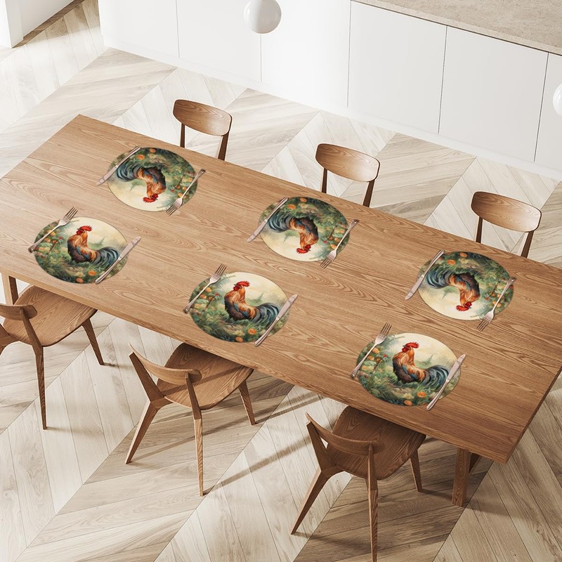 Round Braided Placemats Set of 6 Beautiful Rooster Table Mats