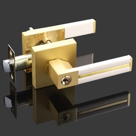 EHOMEWARE 6 Pack Gold Door Handles with White Leather Bedroom Door Locks with Keys, Keyed Alike Brass Door Lever for Living Room or Bedroom, Locked with Keys - Entrance Function