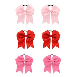 Pack of 6 Bow Hair Scrunchies, Ponytail Holder, Braid, Cheerleader Bow, for Toddlers, Girls, Women, Outfit, Uniform, Pink, Red, Rose Red