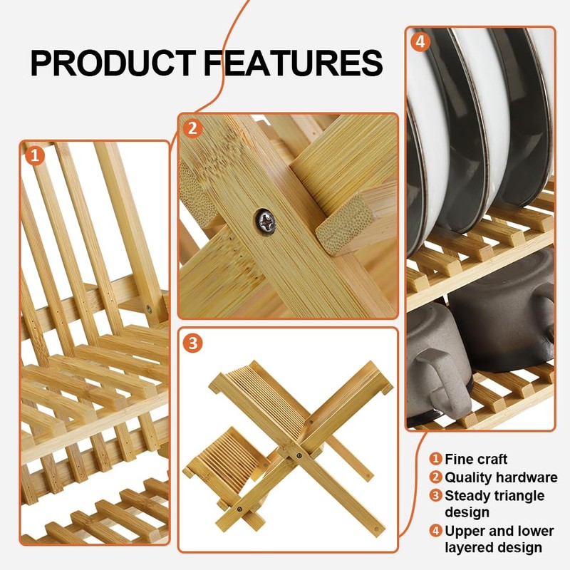 KKTONER Bamboo Dish Drying Rack 2 Tier Foldable Plate Organizer
