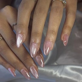SXVME Uñas Postizas Color Rosa Nude, Uñas Postizas Color Nude Estilo Ojo De Gato, Uñas Postizas Cortas Con Purpurina Y Pegamento, Uñas Postizas Acríli