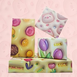 Obluchye Spring Wrapping Paper 4 PCS, 3D Cute Cartoon Funny Gift Wrap Paper 4 Designs,Sweet Candy Rainbow Flower Pig Gift Wrapping Paper For Spring Birthday Wedding Baby Shower Party Favor